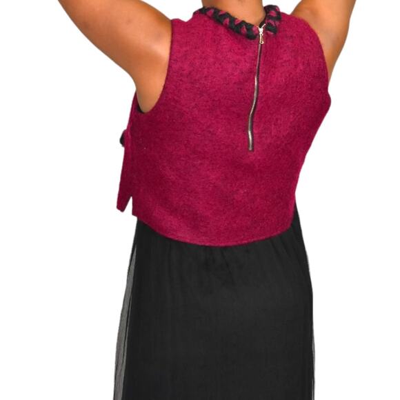 Midi Dress Red Two Tone Overlay Vest Black Mixed Texture Sheer Colorblock Small - Picture 11 of 15